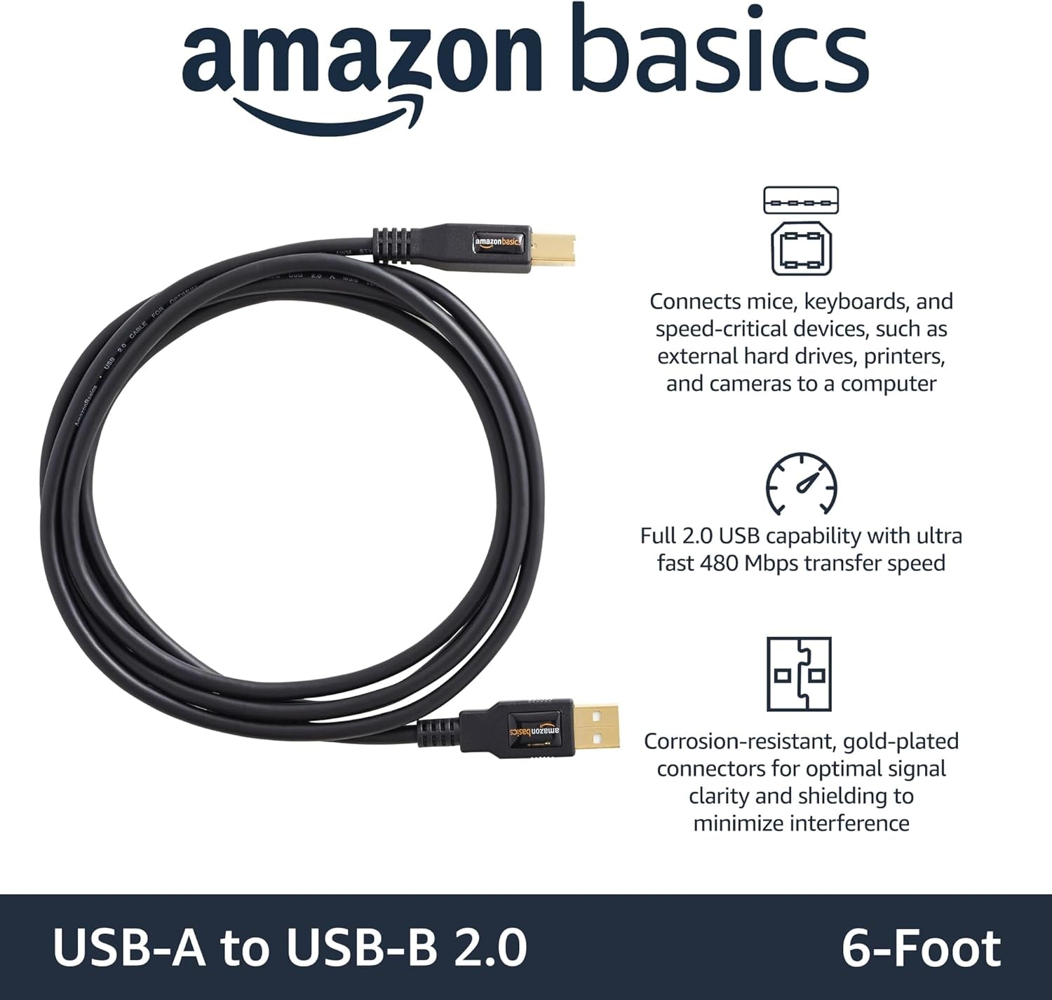 USB 2.0 Printer Cable - A-Male to B-Male Cord - 6 Feet (1.8 Meters), Black