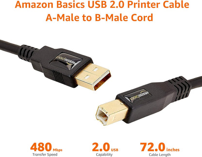 USB 2.0 Printer Cable - A-Male to B-Male Cord - 6 Feet (1.8 Meters), Black